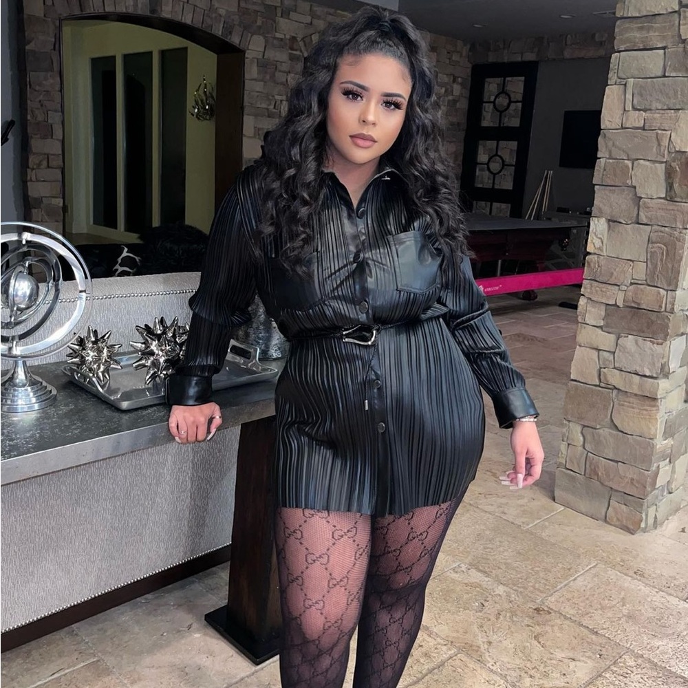 Vegan Leather Pleated Shirt Dress